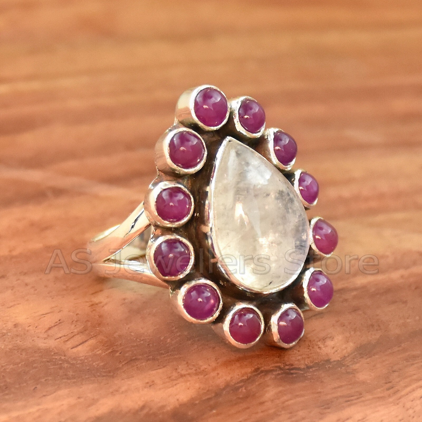 925 Sterling Silver Ring, Rainbow Moonstone & Natural Ruby Ring, Dainty Jewelry
