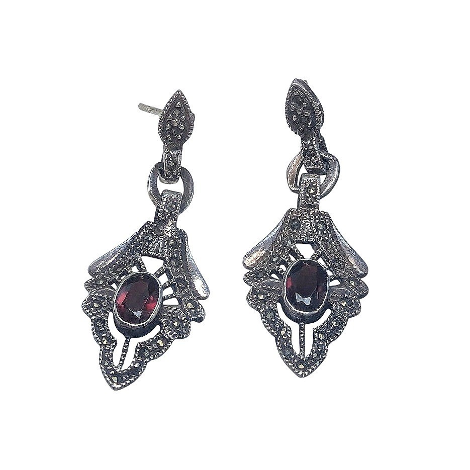 Vintage Sterling Silver 925 Garnet Marcasite Art Deco Drop EarringsArt Nouveau