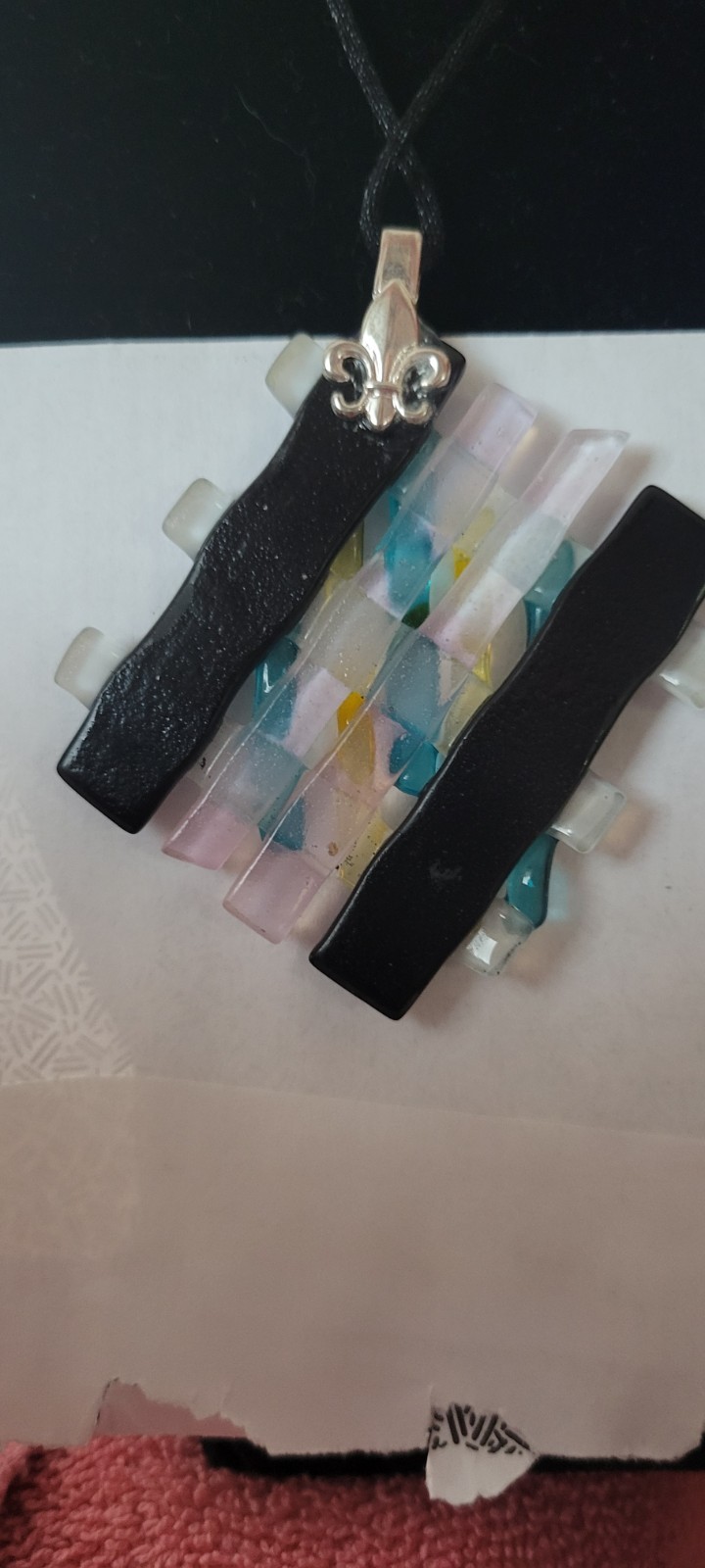 Multicolor Fused Glass Square Pendant Necklace, Black Cord, Extender Unique