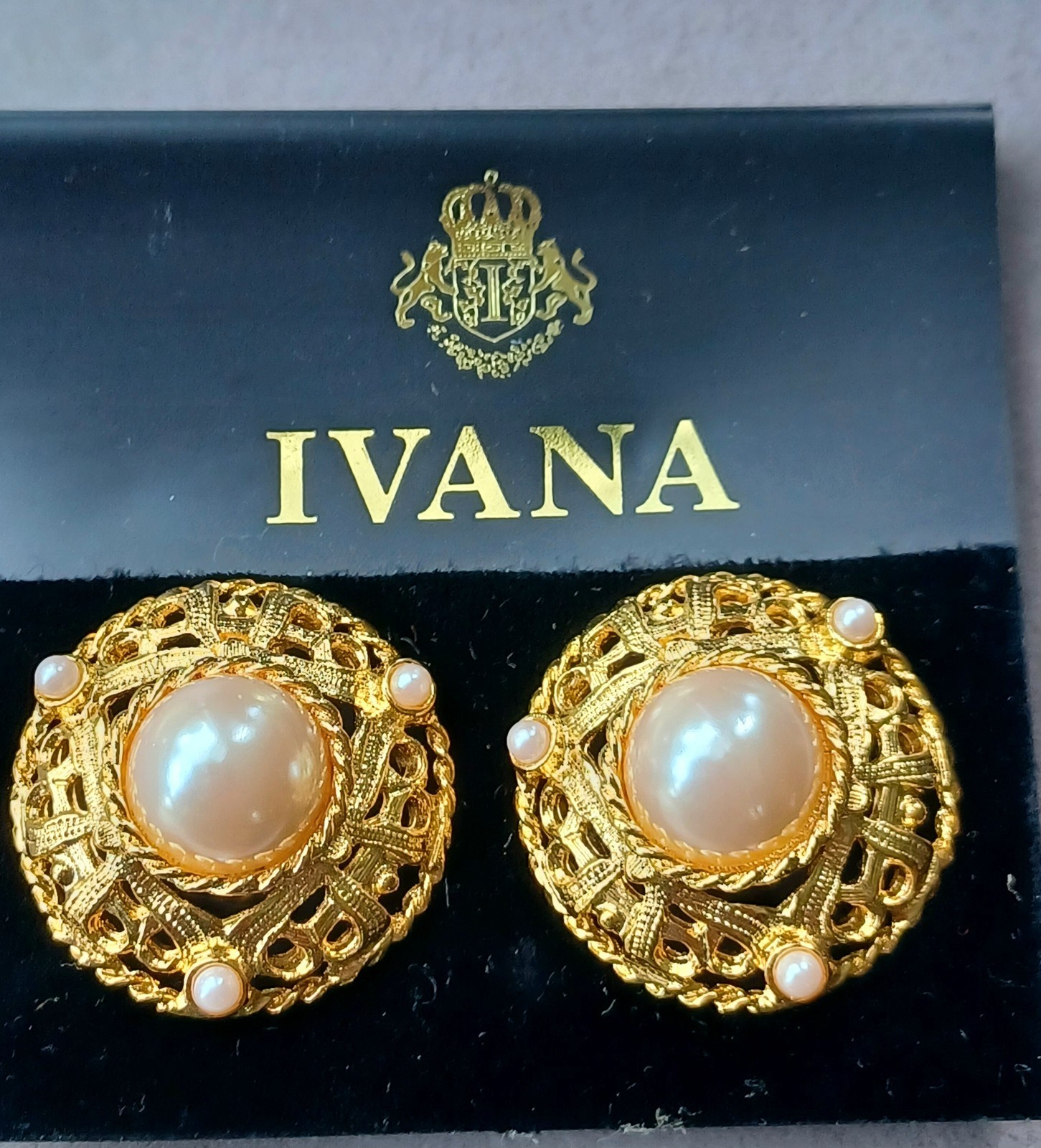 Vintage Ivana Trump Faux Pearl Goldplated Filigree Dome Statement Earrings