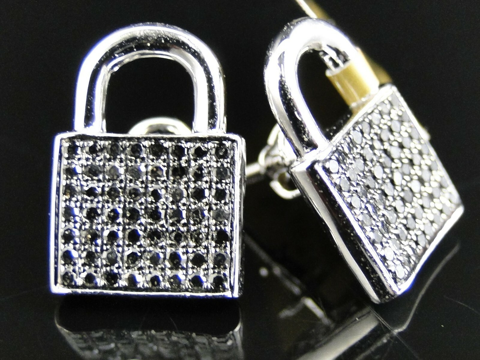0.75ct Black Lab-Created Moissanite Lock Shape Cluster Earring White Gold Plated