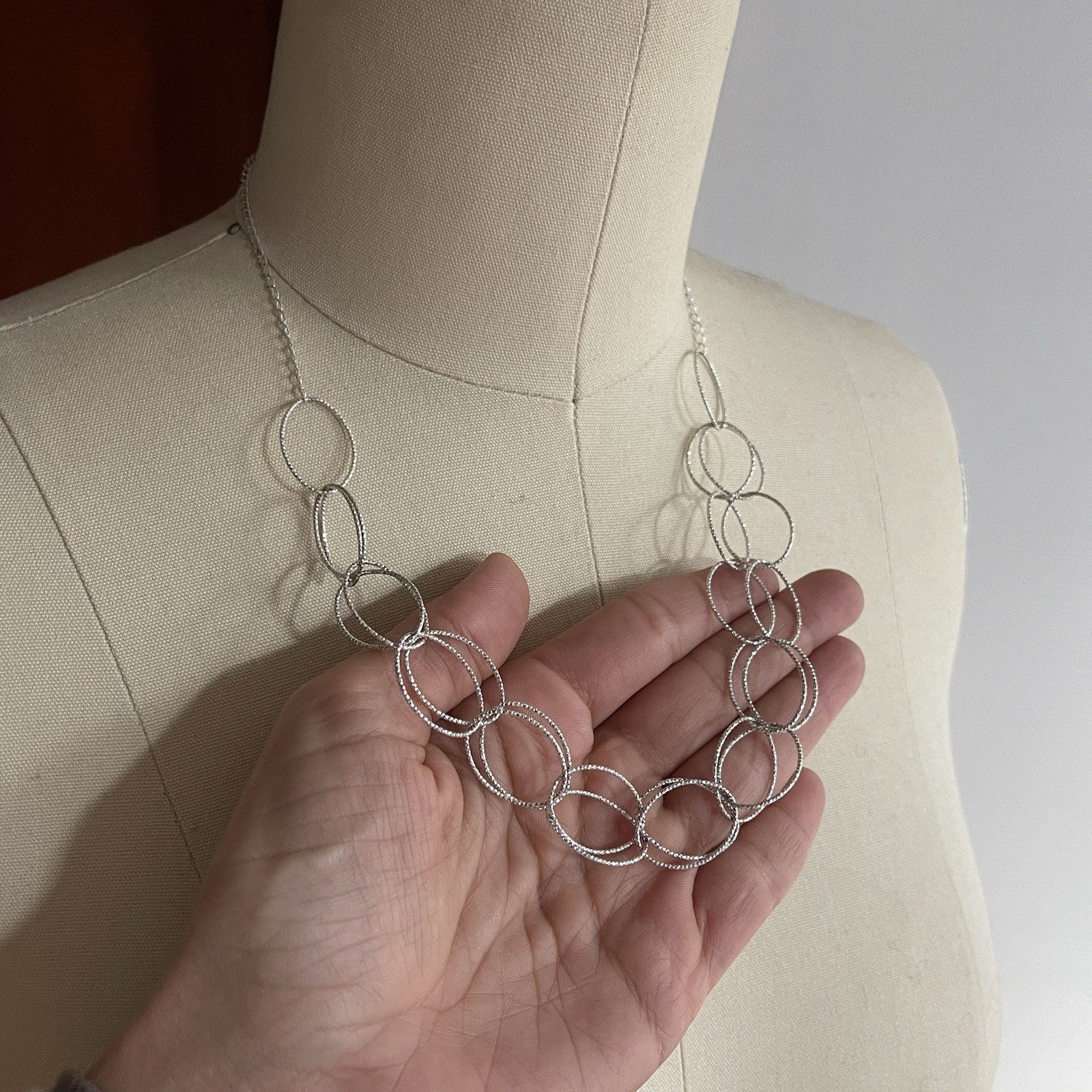 Sterling Silver 925 Textured Double Oval Link 20” Necklace