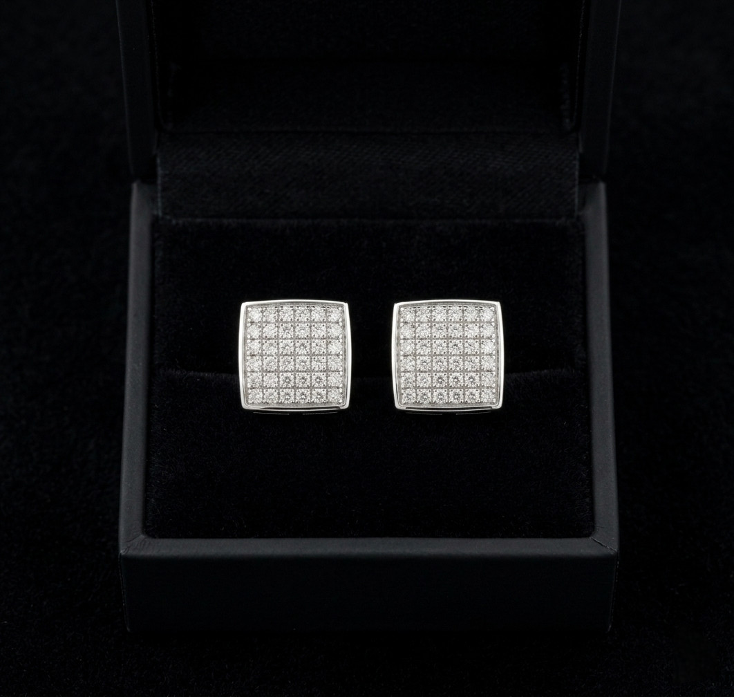 Mens Square Created Diamond Stud Earrings 925 Sterling Silver White Gold