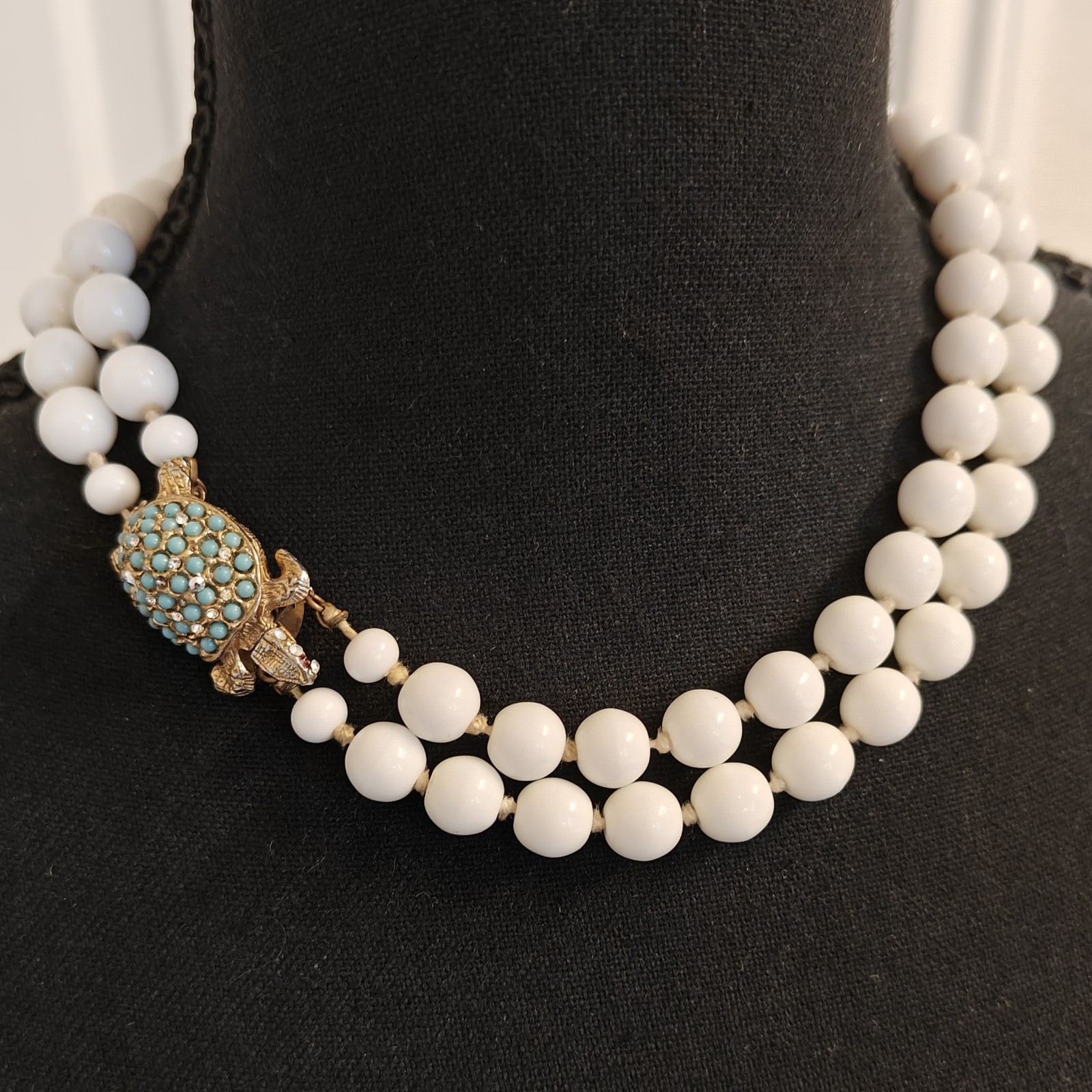 Wh Vtg Knotted Bead Dbl Strand Choker Necklace Rhinestone Seed Bead Turtle Clasp