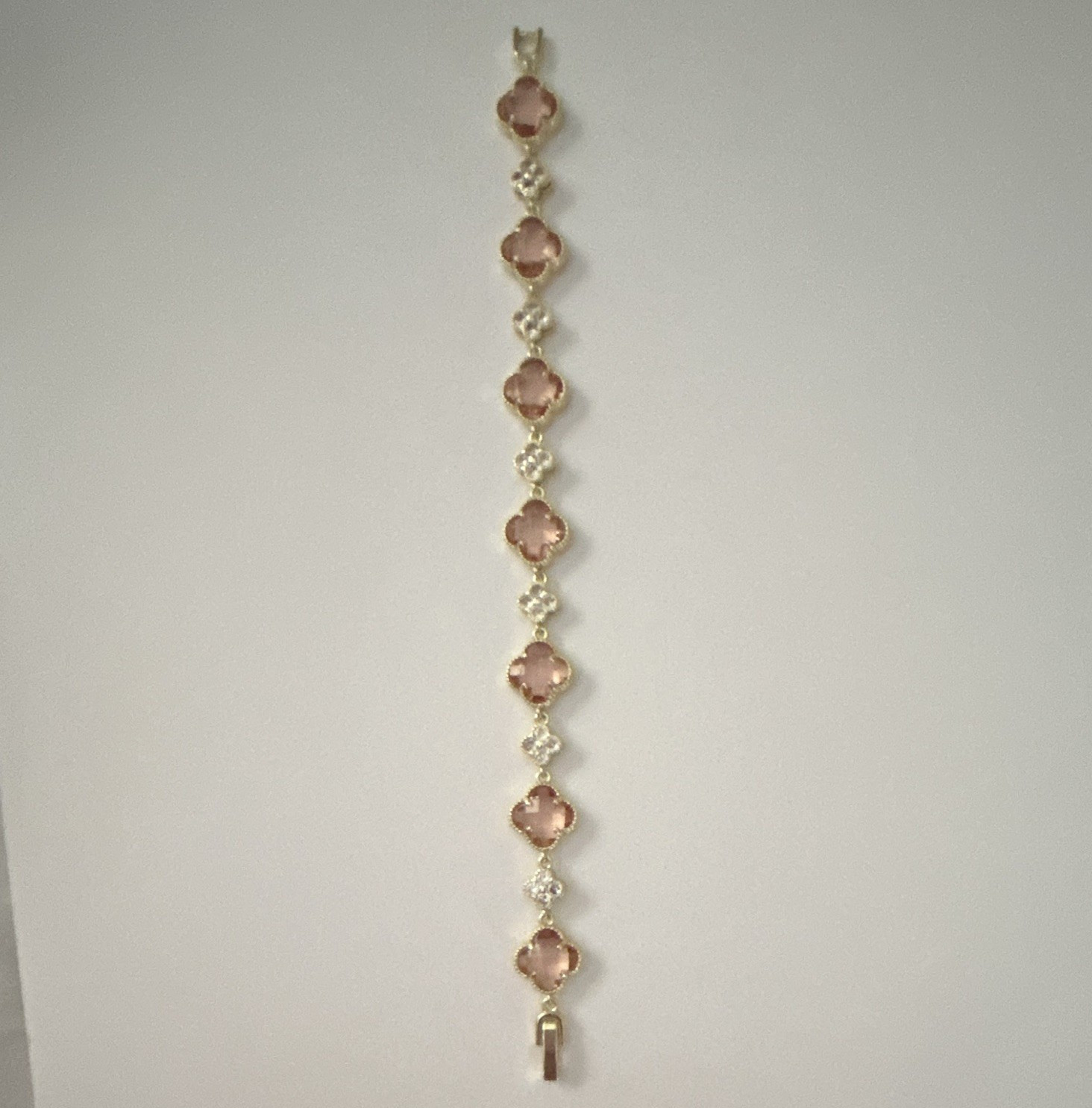 Gold Tone Pink Clover Station Tennis Chain Bracelet with Clear Accents, 7”