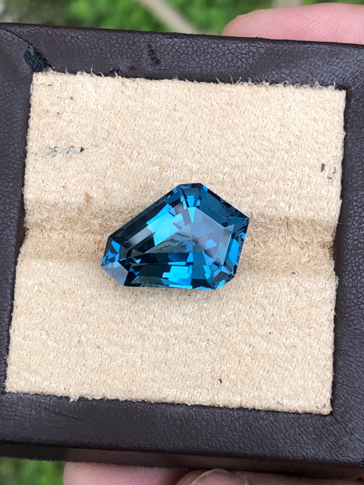 18.60 Carat Custom Fancy Kite Shape London blue Topaz, Ring Size