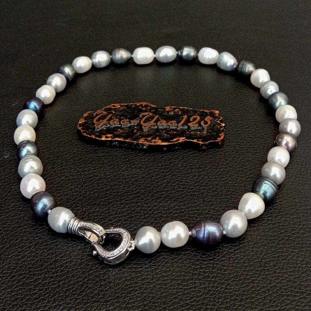 Freshwater Black Gray White Rice Pearl Mixed Color Pearl Necklace For Women 17″