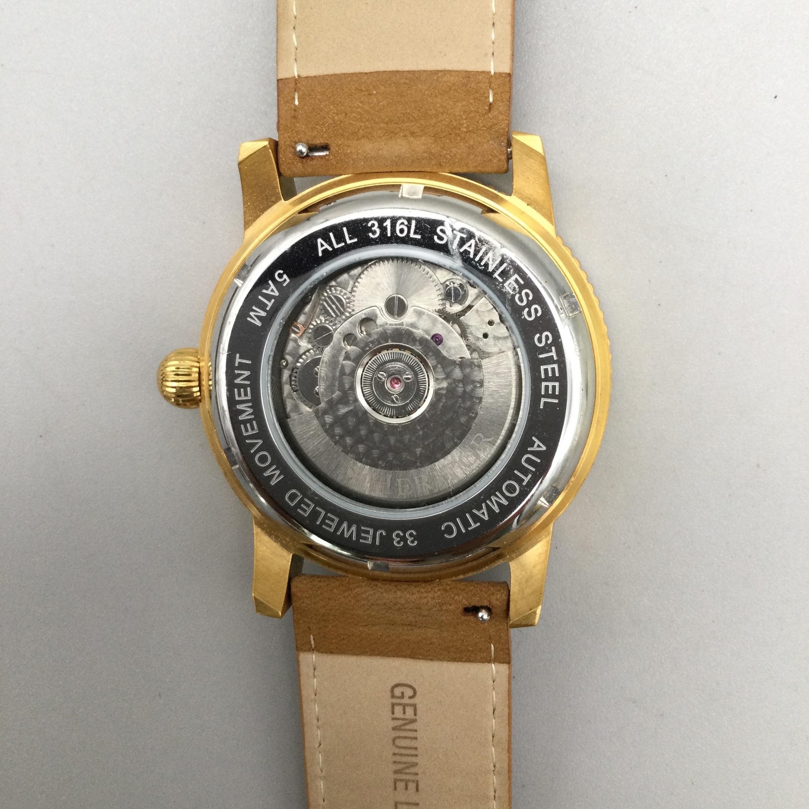 Heritor Mens Watch 45mm Gold Tone Black Dial Brown Leather Automatic Day Date