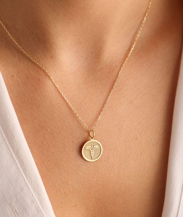 Solid Gold Medic Disc Pendant Medical Alert Doctor Necklace 925 Silver Necklace