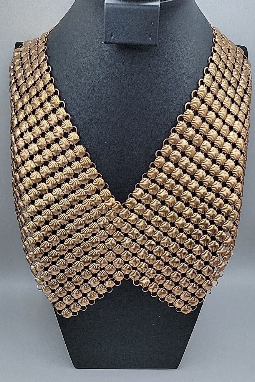 Gold Tone Metal Shell Shaped Mesh Large Bib Shaw Necklace Vtg