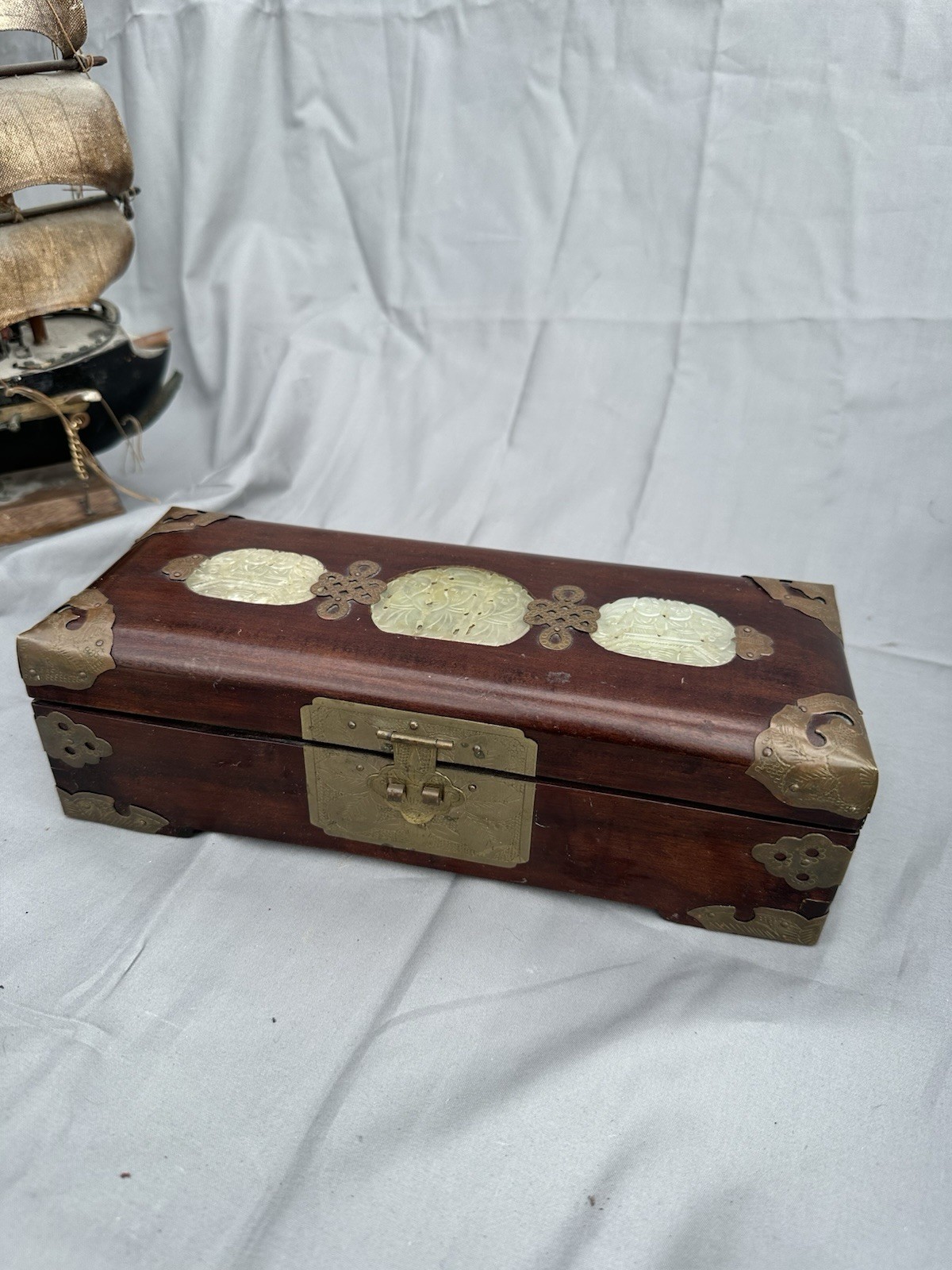 Wood Jewelry Box w/ Metal Hardware, Red Fabric Lined Interior, Asian Theme