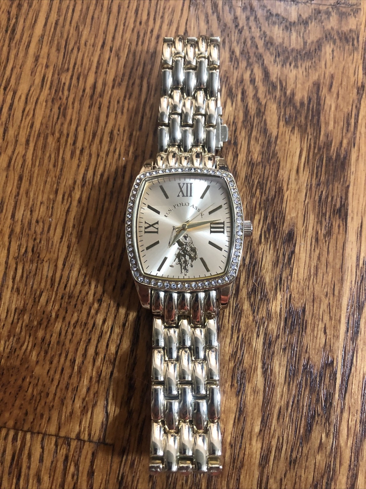 U.S. Polo Assn Gold Watch With Rhinestones 1.25” X 1.25” Frame Needs Battery