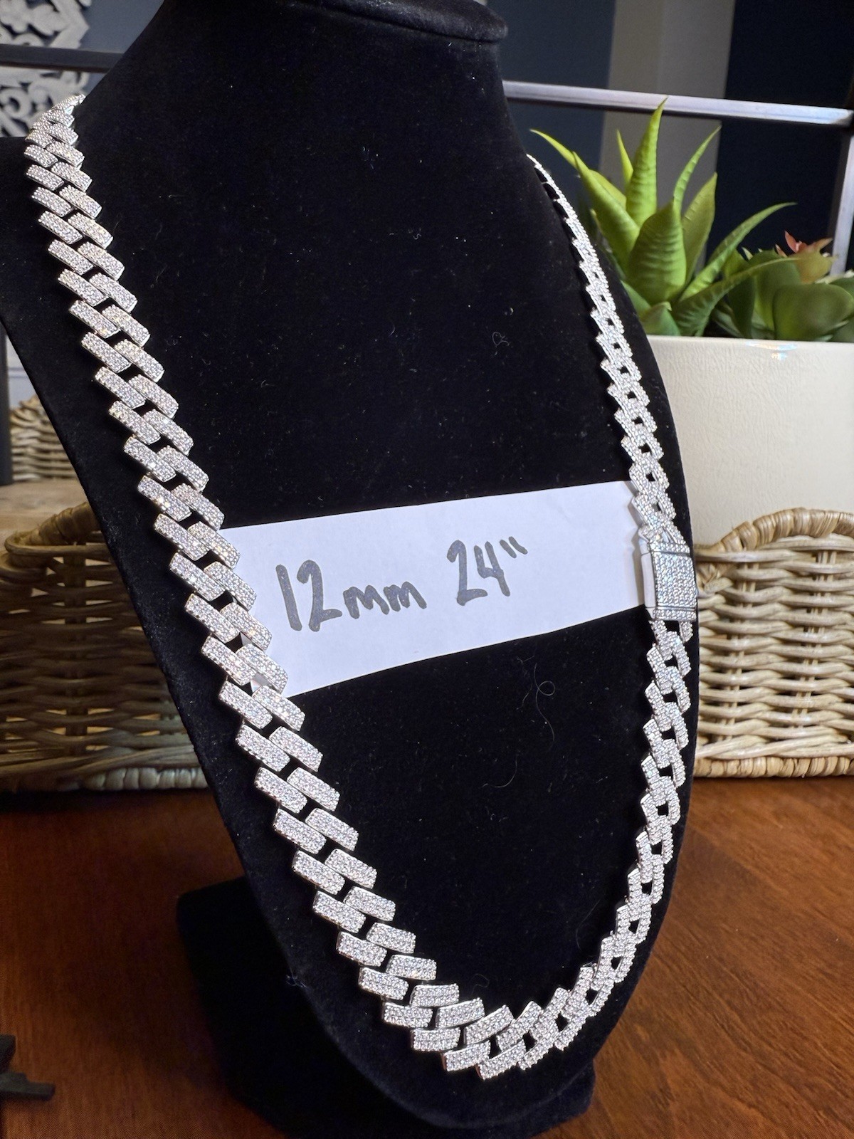 24” 12MM SOLID 925 Silver (~93g) Moissanite Miami Cuban Chain w Square Links
