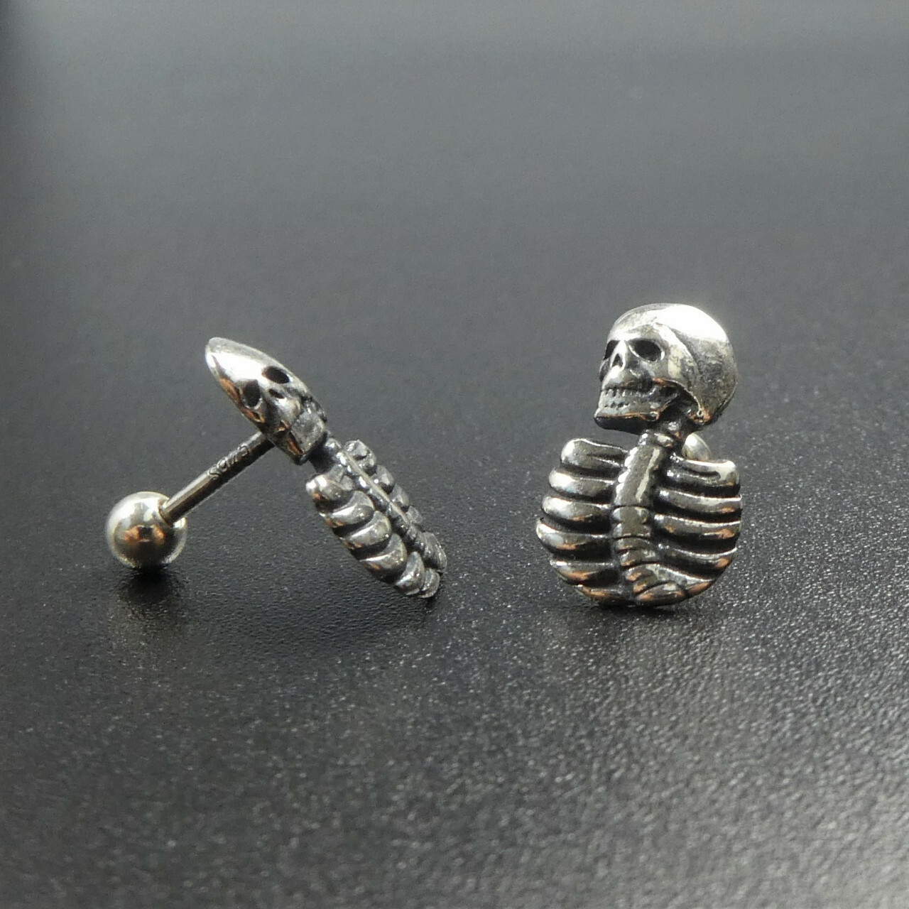 925 Sterling Silver Skull Skeleton Screw Back Ball Stud Earrings Gothic Unique