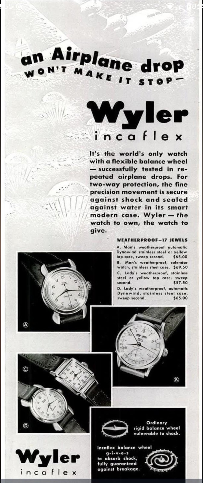 1950s Wyler Incaflex Navigator ETA 1070 Swiss Watch Runs Great Original Crown