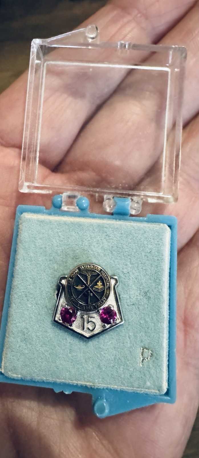 Good Samaritan Hospital 1/5 10k Pin 15 Year Brooch Pin with 2 Rubies Vintage