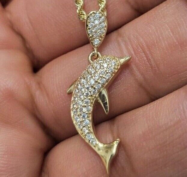 Dolphin Beauty Pendant Necklaces 2Ct Lab-Created Diamond 14K Yellow Gold Plated