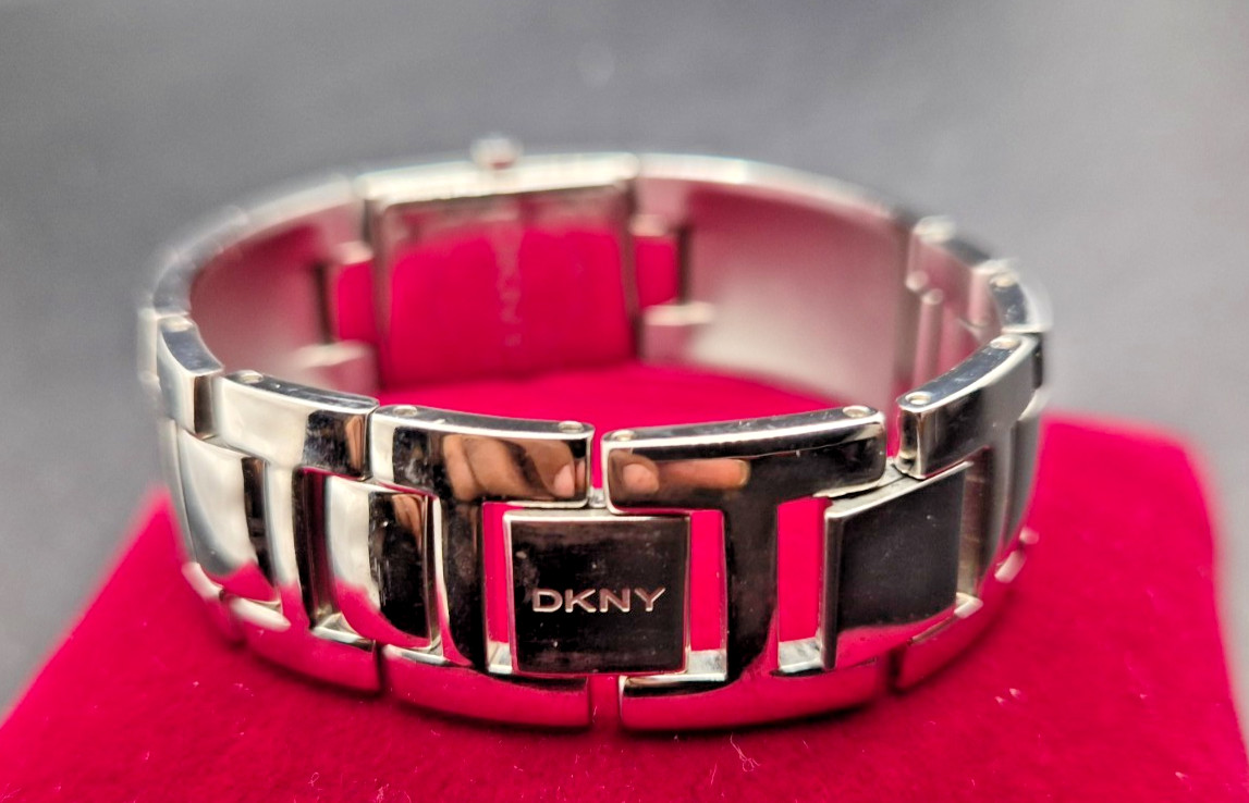 DKNY Ladies Rectangular Case Crystal Studded Semi Bangle Watch-VGC/Working