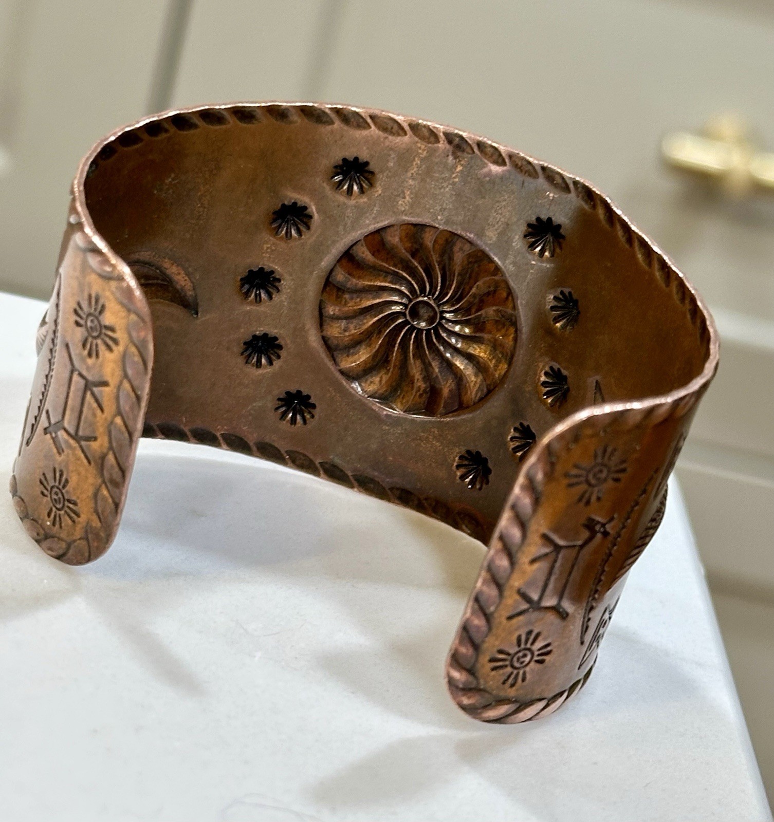 Fred Harvey Era/Native American Wide Copper Stamped Cuff/Bracelet. ~7”
