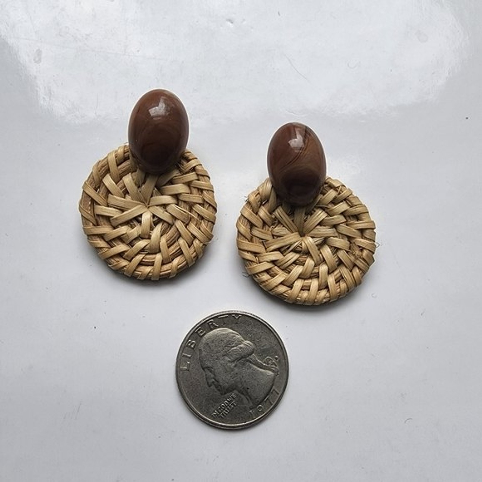 Wicker woven brown and tan post earrings, boho chic, modern, contemporary,