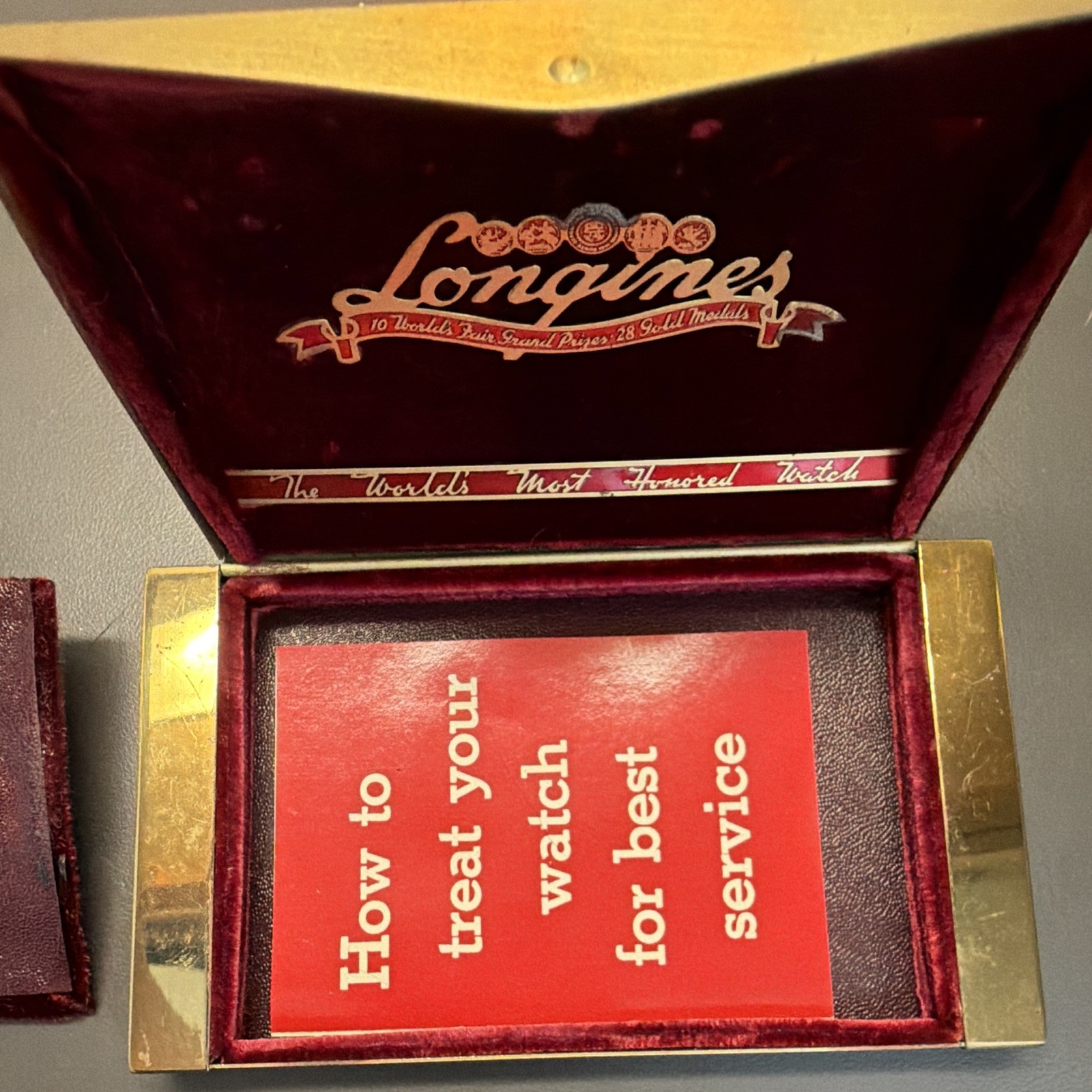 Vintage Longines Watch Box Red Velvet Metal Coffin Case Worlds Most Honored Empt