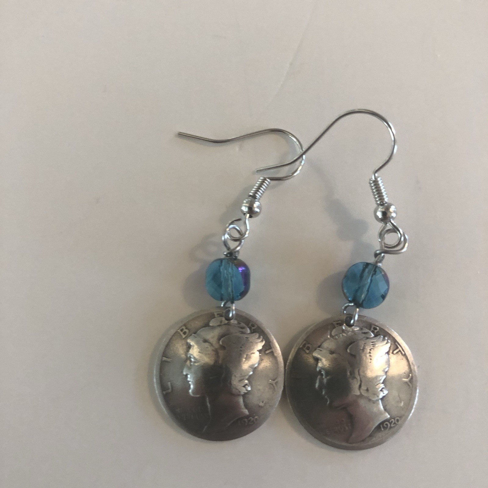 1pair Mercury Dime & Birthstone Crystal Earrings, Color Varies, See Description