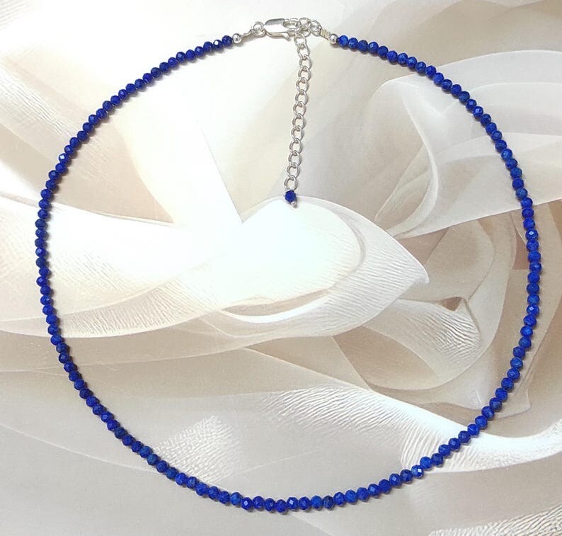 2-3MM Lapis Lazuli Faceted Round Gemstone Beaded Healing Unisex Necklaces 24”