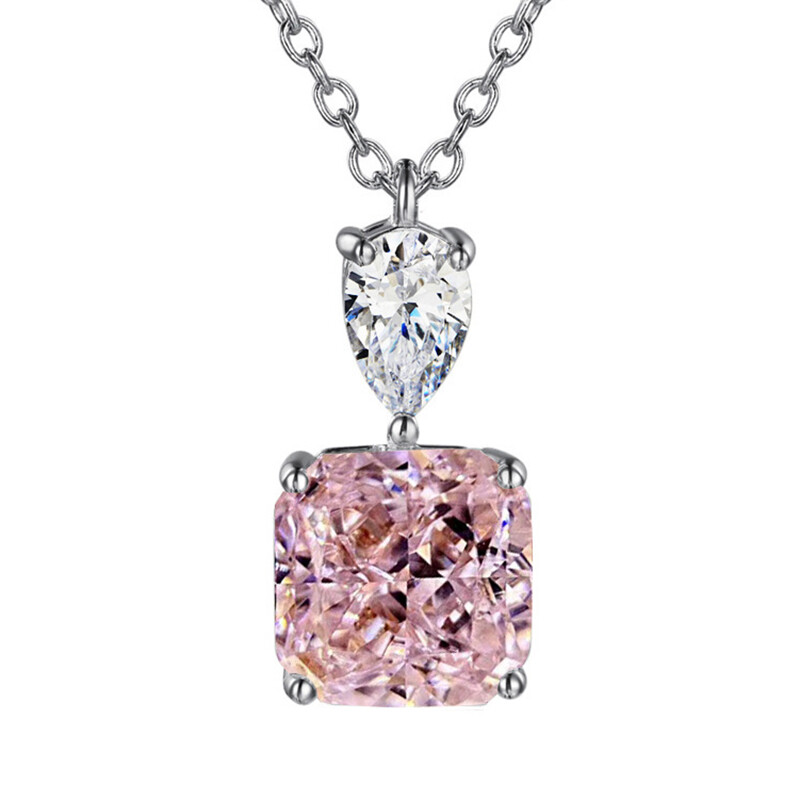 New Square Pink White Topaz Gemstone Silver Women Girl Nekclace Pendant 18 inch