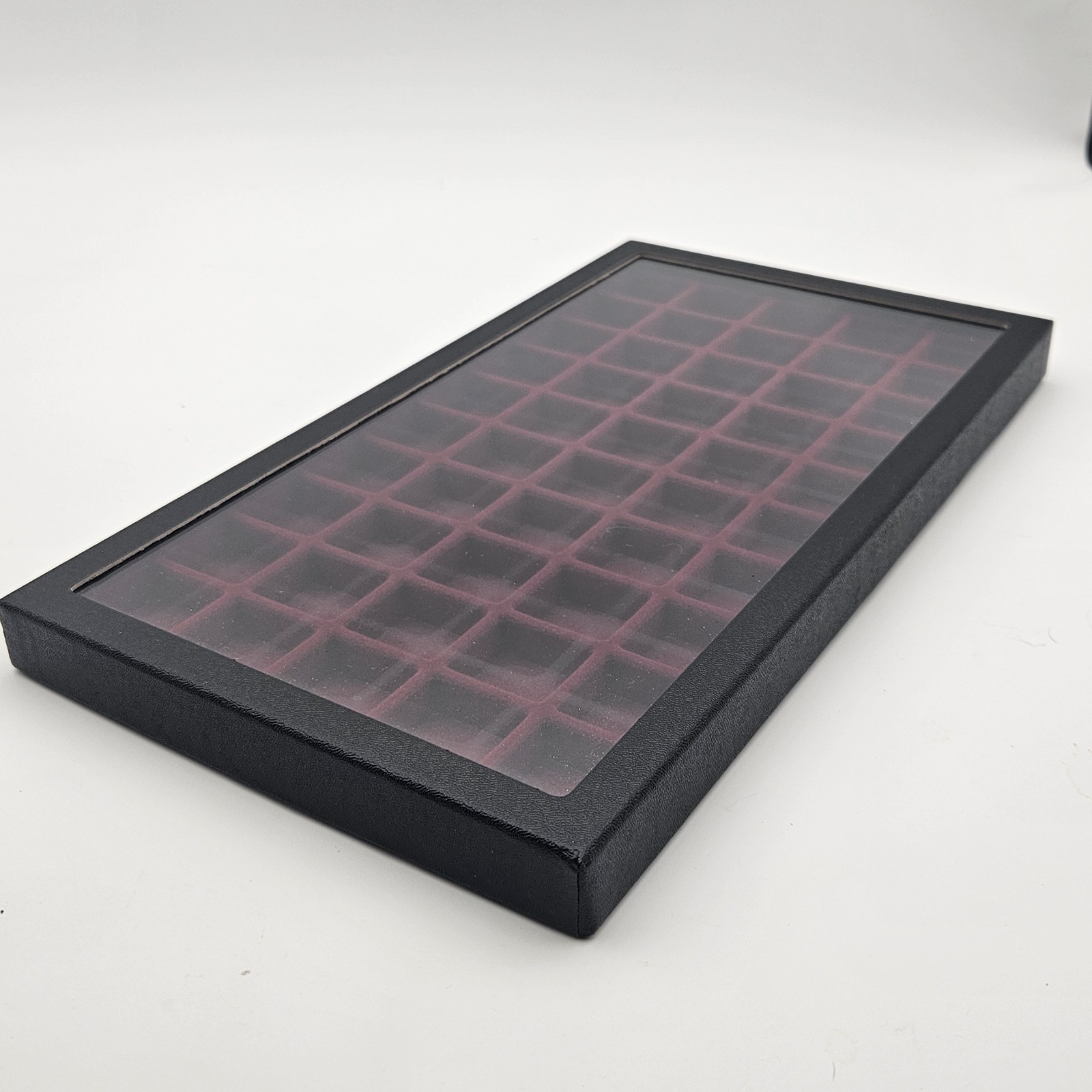 NOS Jewelry Tray Cube Display 50 Slot 14.5″ x 8″ x 1″ Flocked Burgundy Glass Top