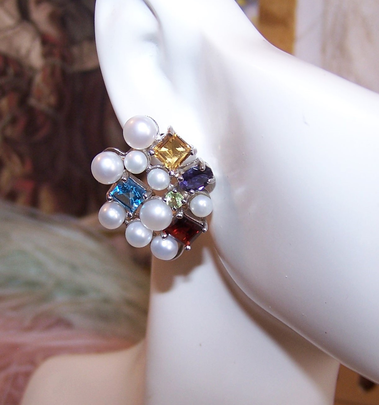 ROSS SIMONS Sterling Silver Cultured Pearl and Multi Gemstone Earrings