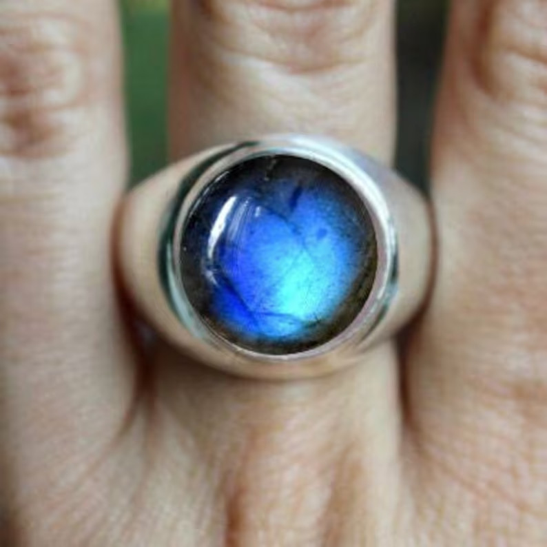 Solid 925 Sterling Silver Natural Blue Fire Labradorite Round Men’s Unisex Ring