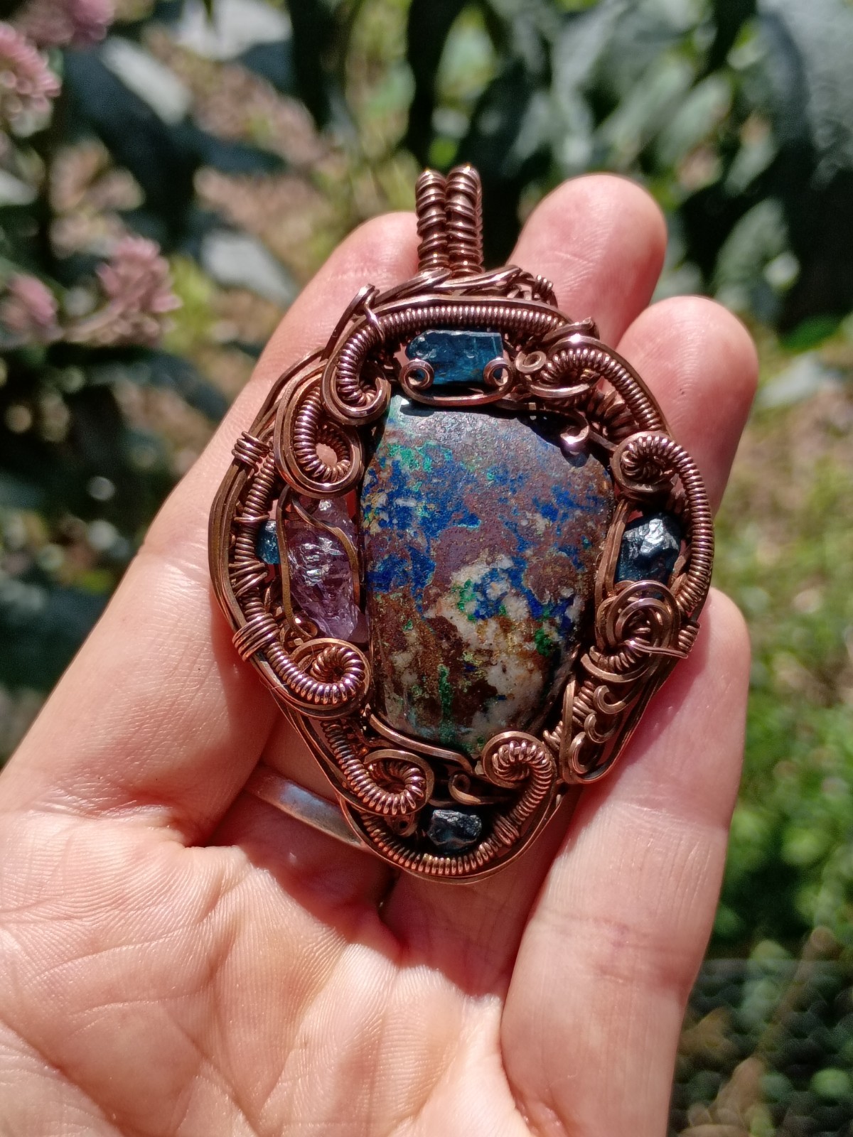 Azurite Malachite Appetite Amethyst Copper Wire wrap Pendant Statement Piece 2″