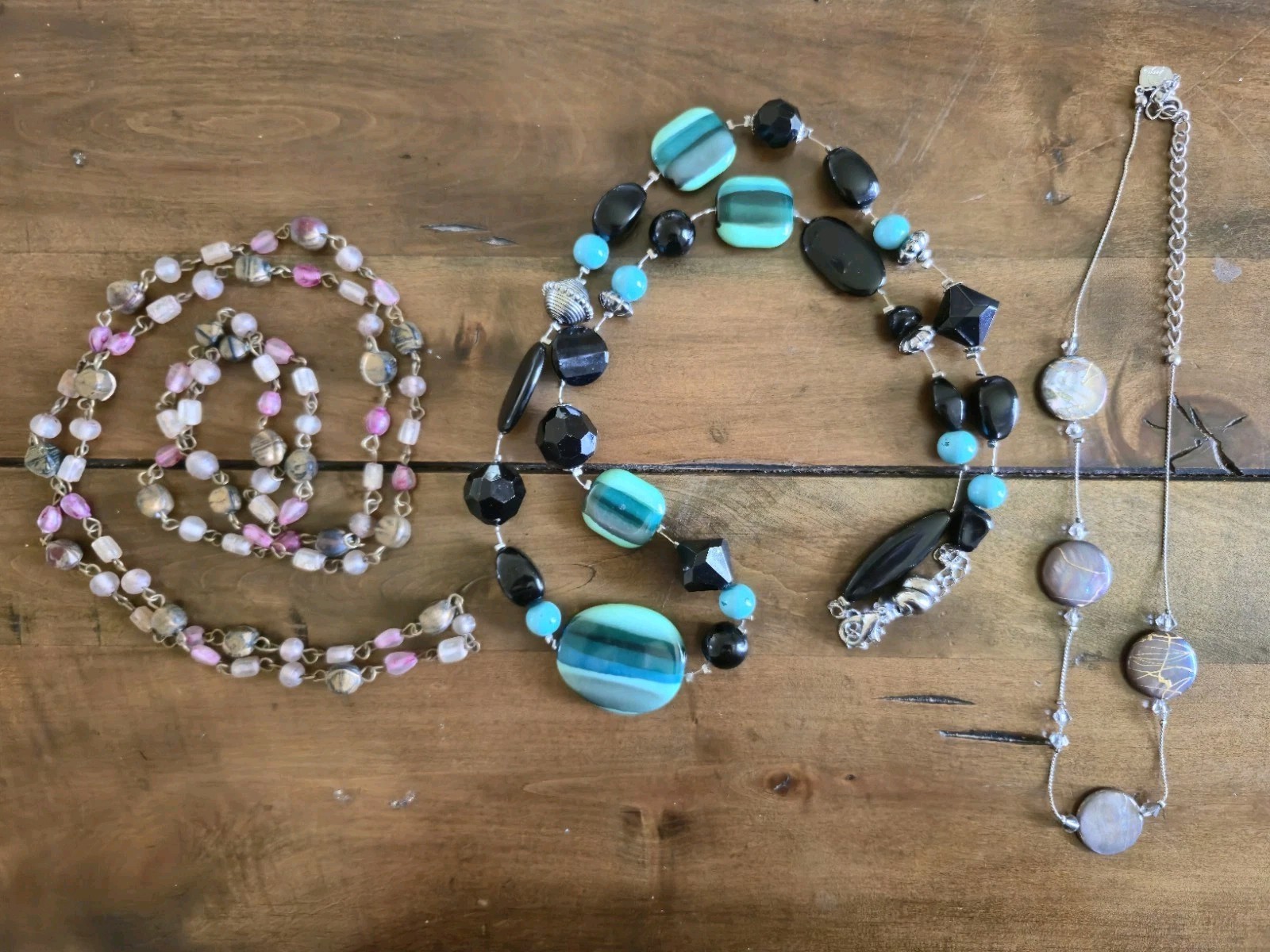 Lot Of 3 Womens Necklaces 18″ish Inches Teal Green Black Brown Silver Bronze…