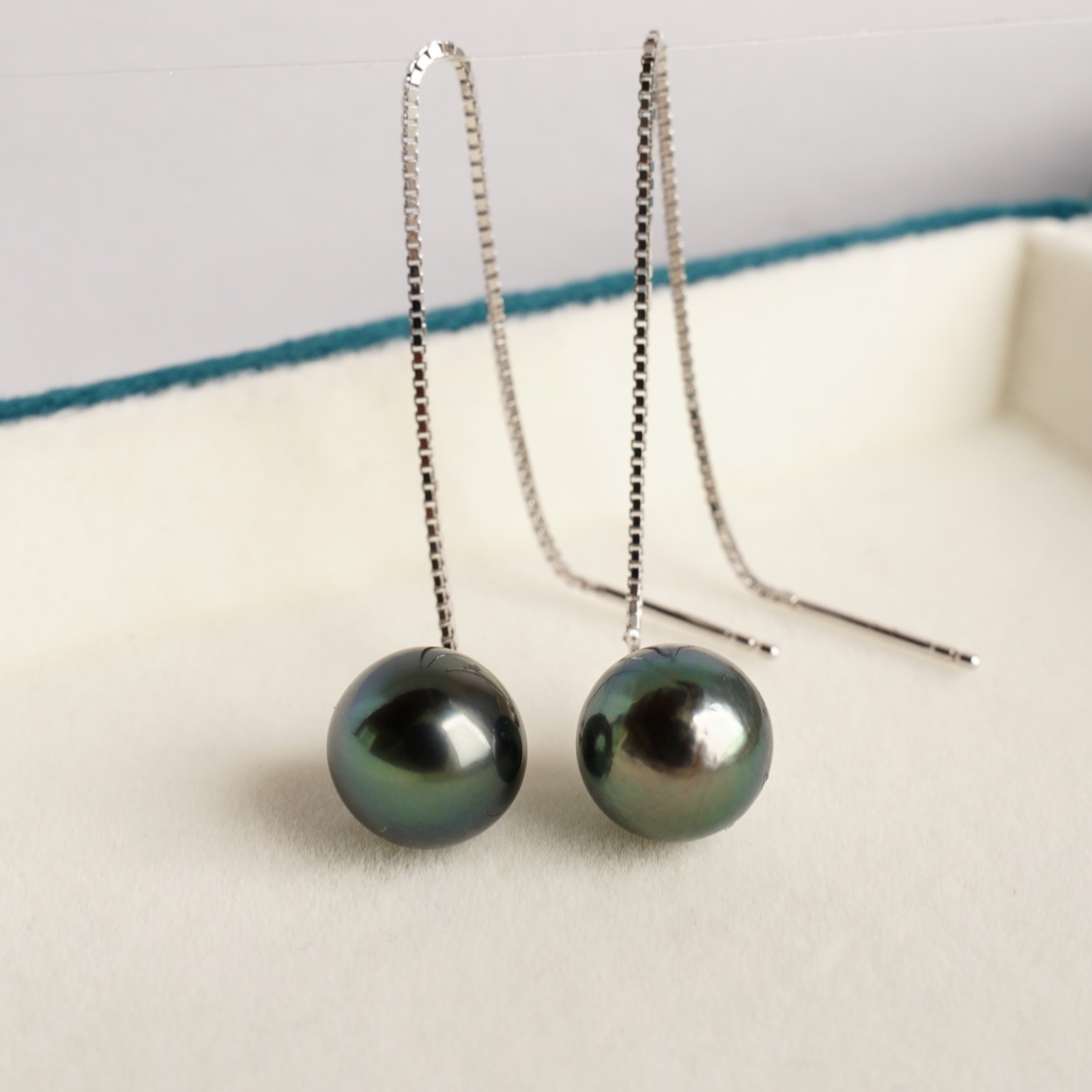 High Luster 9.7mm Tahitian Cultured Pearl Earrings Sterling Silver Threader,3.7″