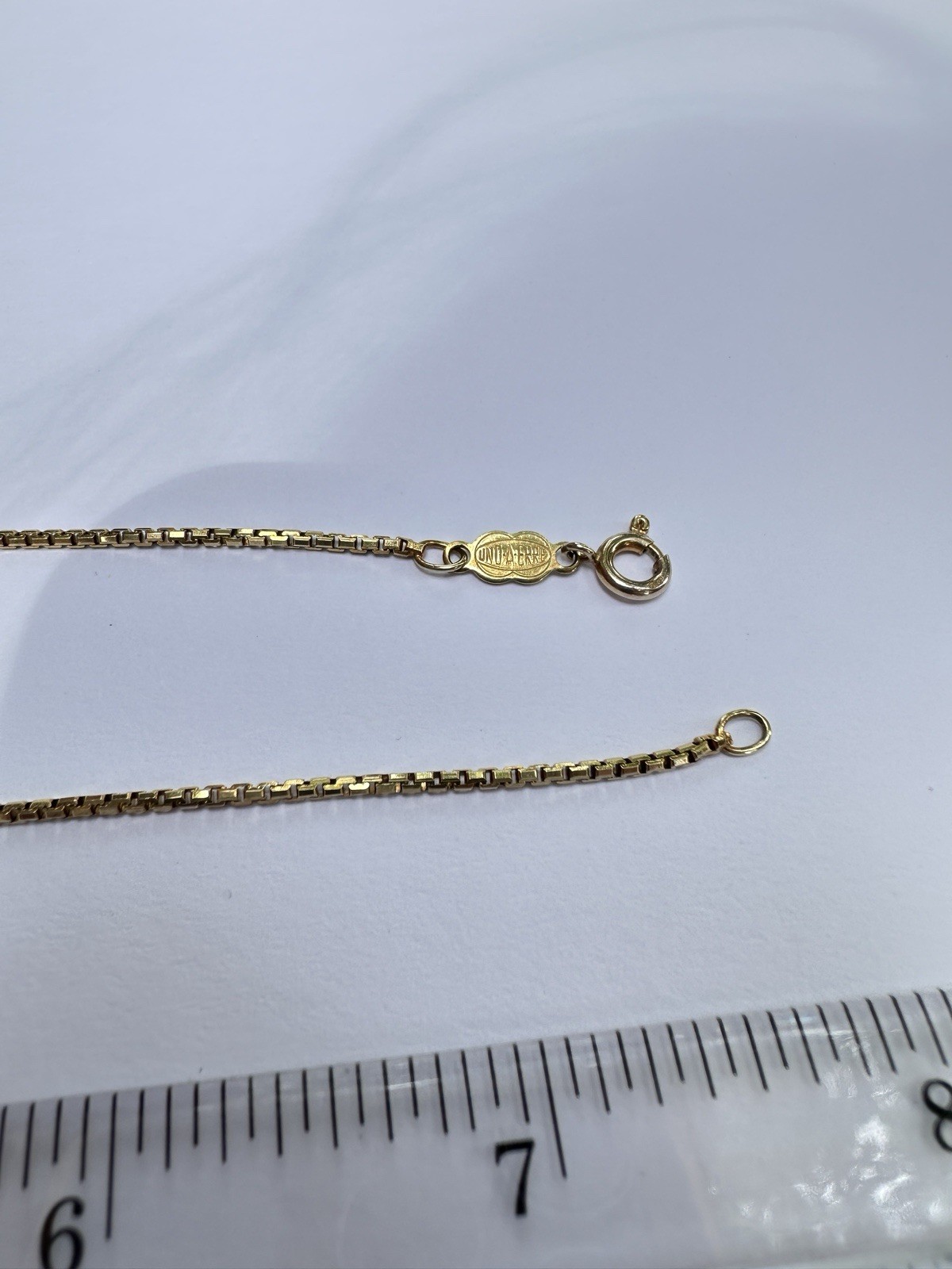 VtgUnisex 14K gold Box Chain bracelet Italy UnoArre just over 9” L, 3.4g tested