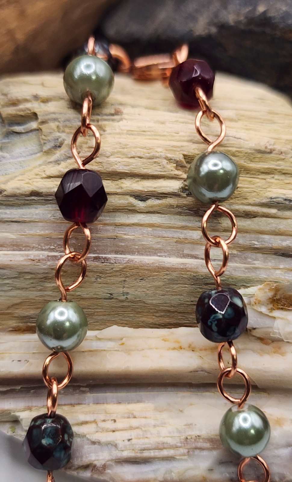 Handcrafted Copper Chain Bracelet with Czech Garnet, Sage Green and Burgundy Red