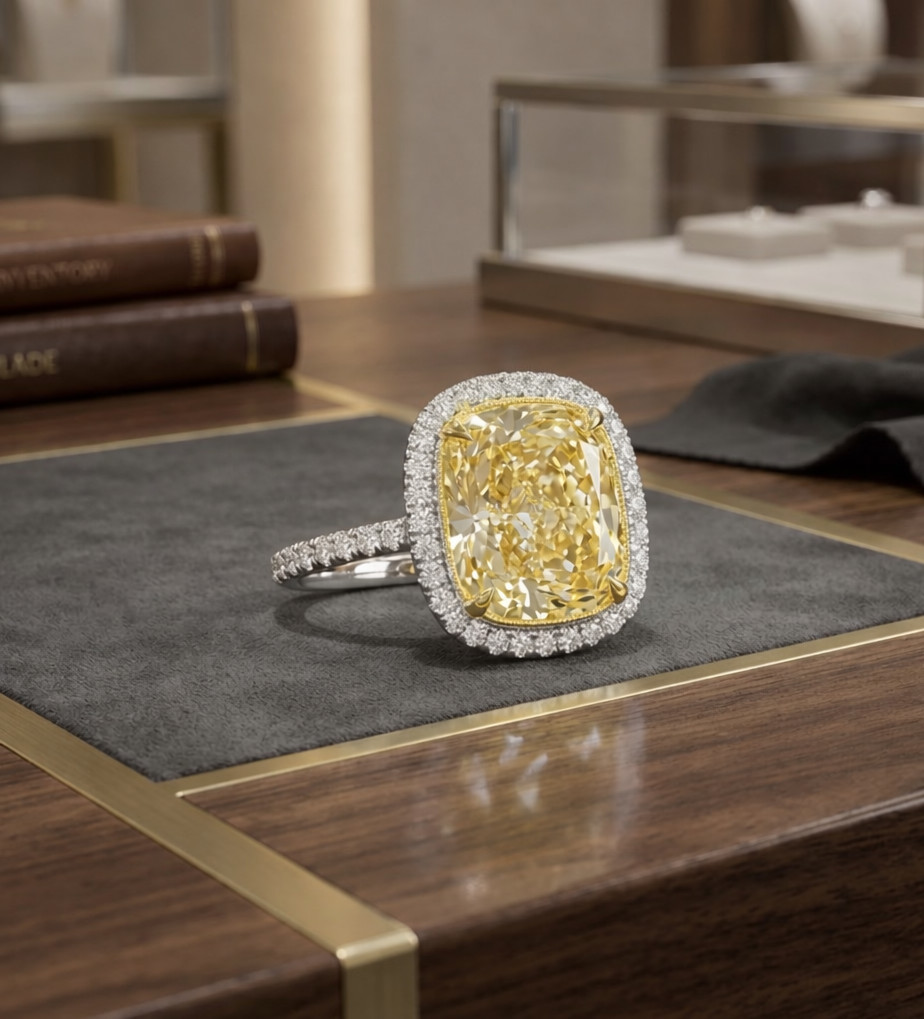 4.10 Ct Cushion Natural Yellow Sapphire & Diamond Engagement Ring 14k White Gold