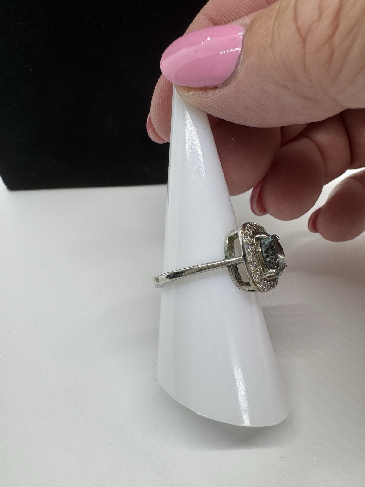 Bomb Party Silver Tone Blue Crystal Cushion Halo Cocktail Ring Size 7
