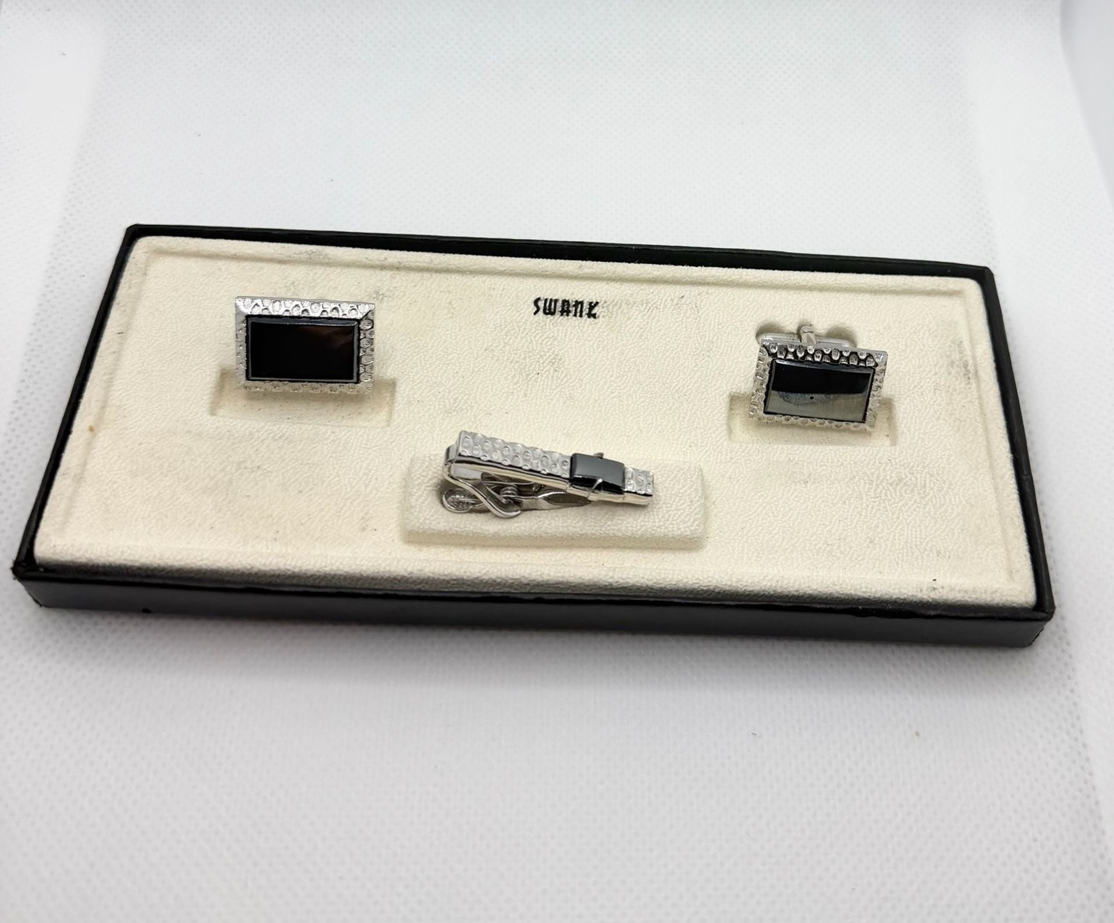 Vintage Swank Men’s Rectangular Black Inlay Cufflink and Tie Bar Set