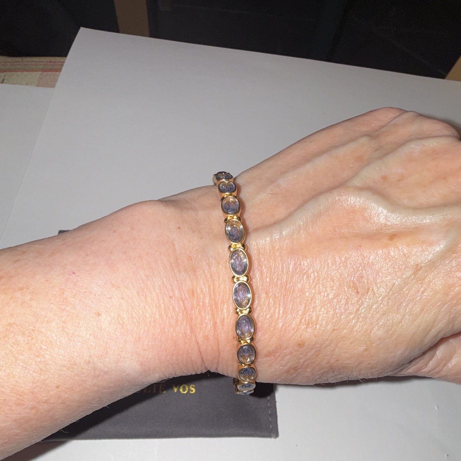Julie Vos 24k Gold Overlay Bangle Bracelet Charcoal Blue Oval Stone