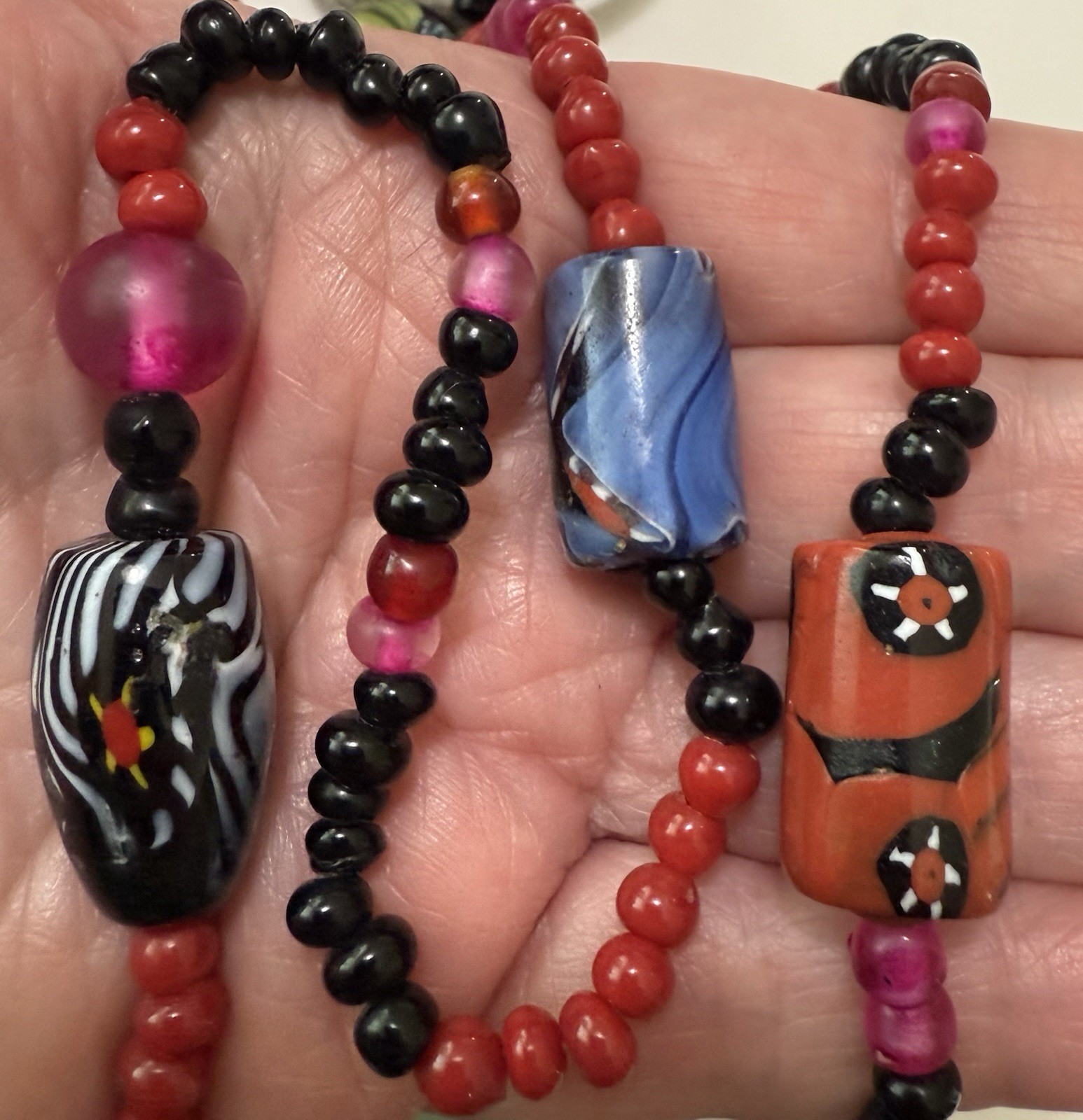 Art Glass Statement Necklace Red, Black & Multicolor Millefiori-Style Beads 50”