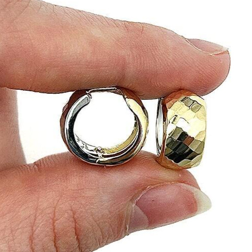 14K Gold Yellow White 2-Tone 7.5mm Hammered Huggie Hoop Reversible Earrings 16mm