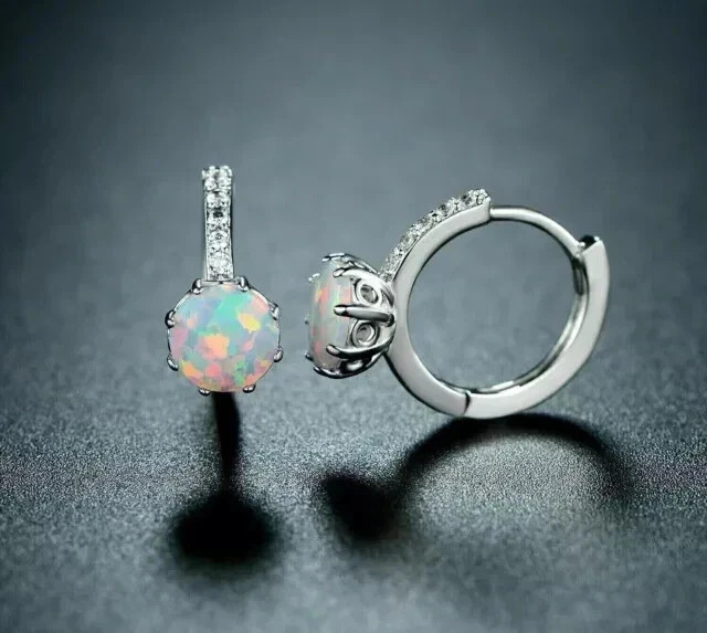 Lab Created Fire Opal 2.50Ct Round Cut Huggie Hoop Earrings White Gold Plated