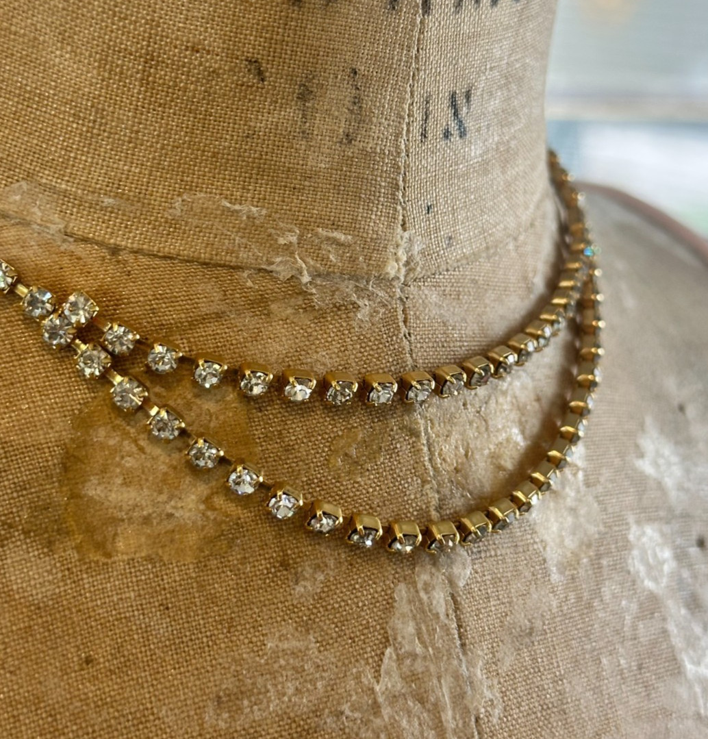 Vintage Clear Rhinestone Tennis Necklace Gold Tone Choker Cup Chain