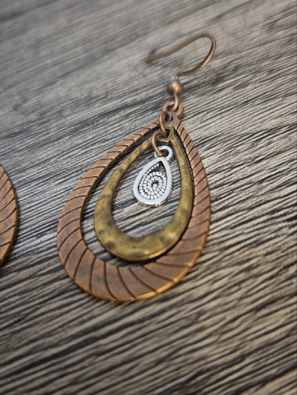 Copper and Brass Teardrop Dangle Earrings with Silver Accent