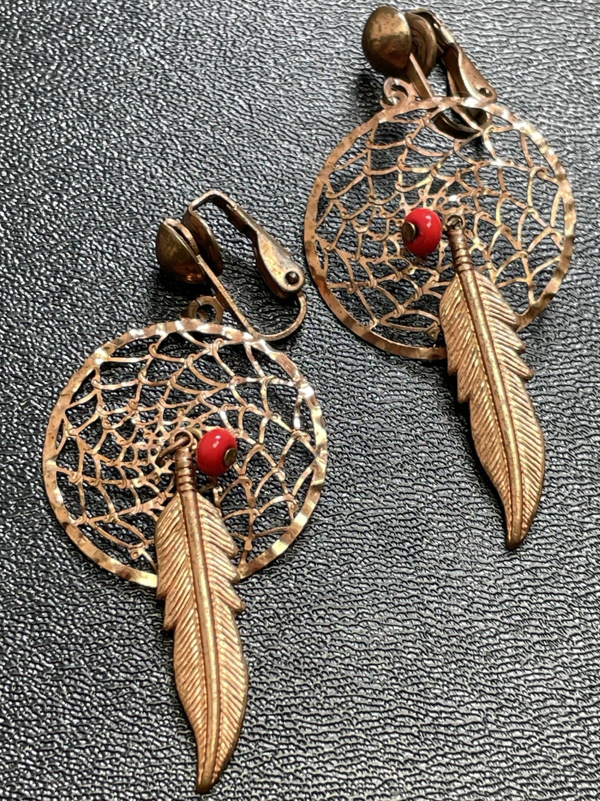 Vintage 2.2” Copper Dream Catcher Red Bead Feather Bohemian Clip Earrings
