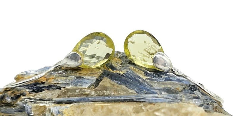 Teardrop Lemon Quartz Earrings, Checkerboard Faceted, Sterling Silver