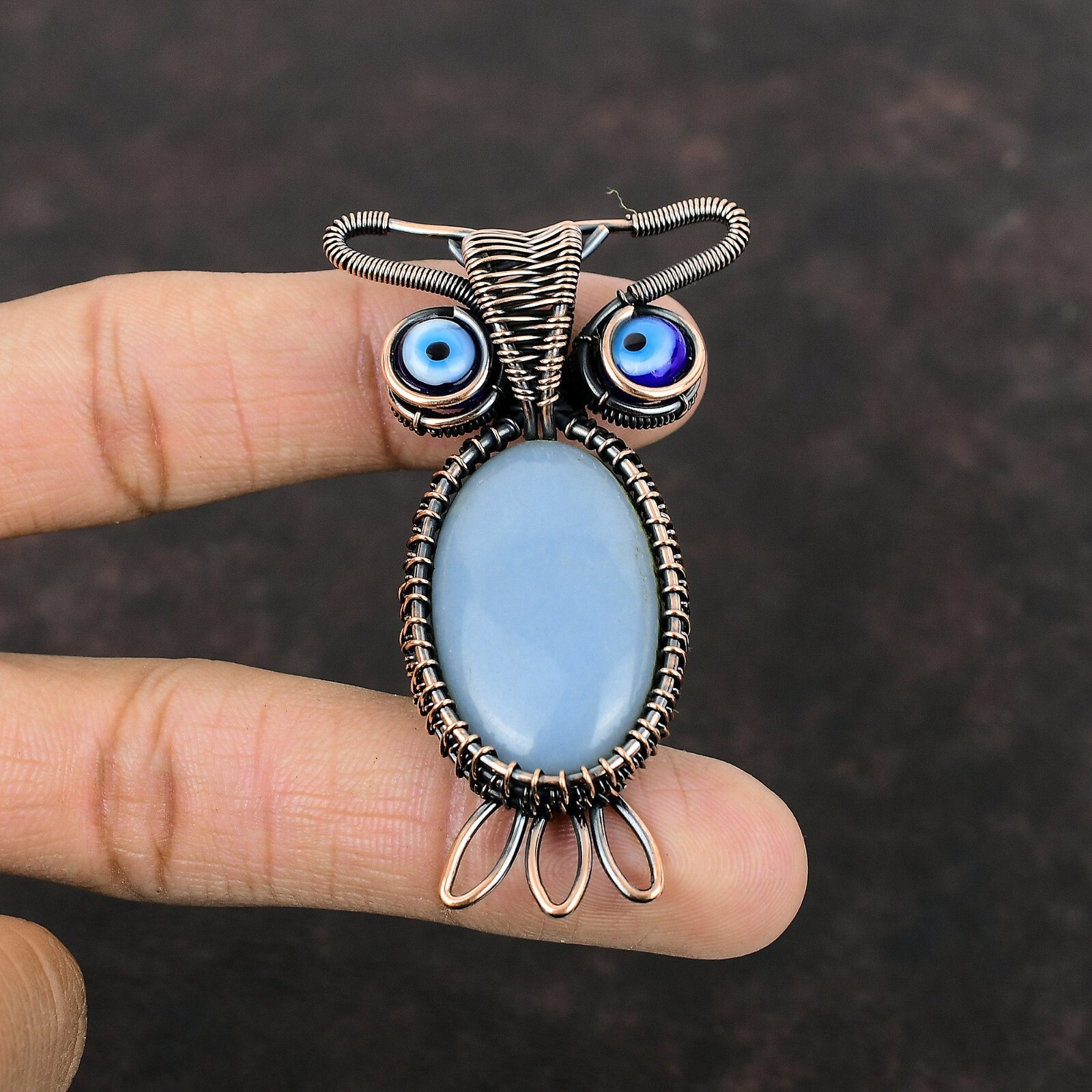 Gift For Her Unknown Copper Natural Angelite Pendant Owl And Wire Wrapped