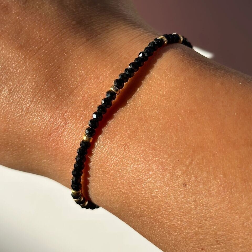 3mm Black Spinel Crystal Gemstone Beaded Dainty Bracelet Healing Energy Gift