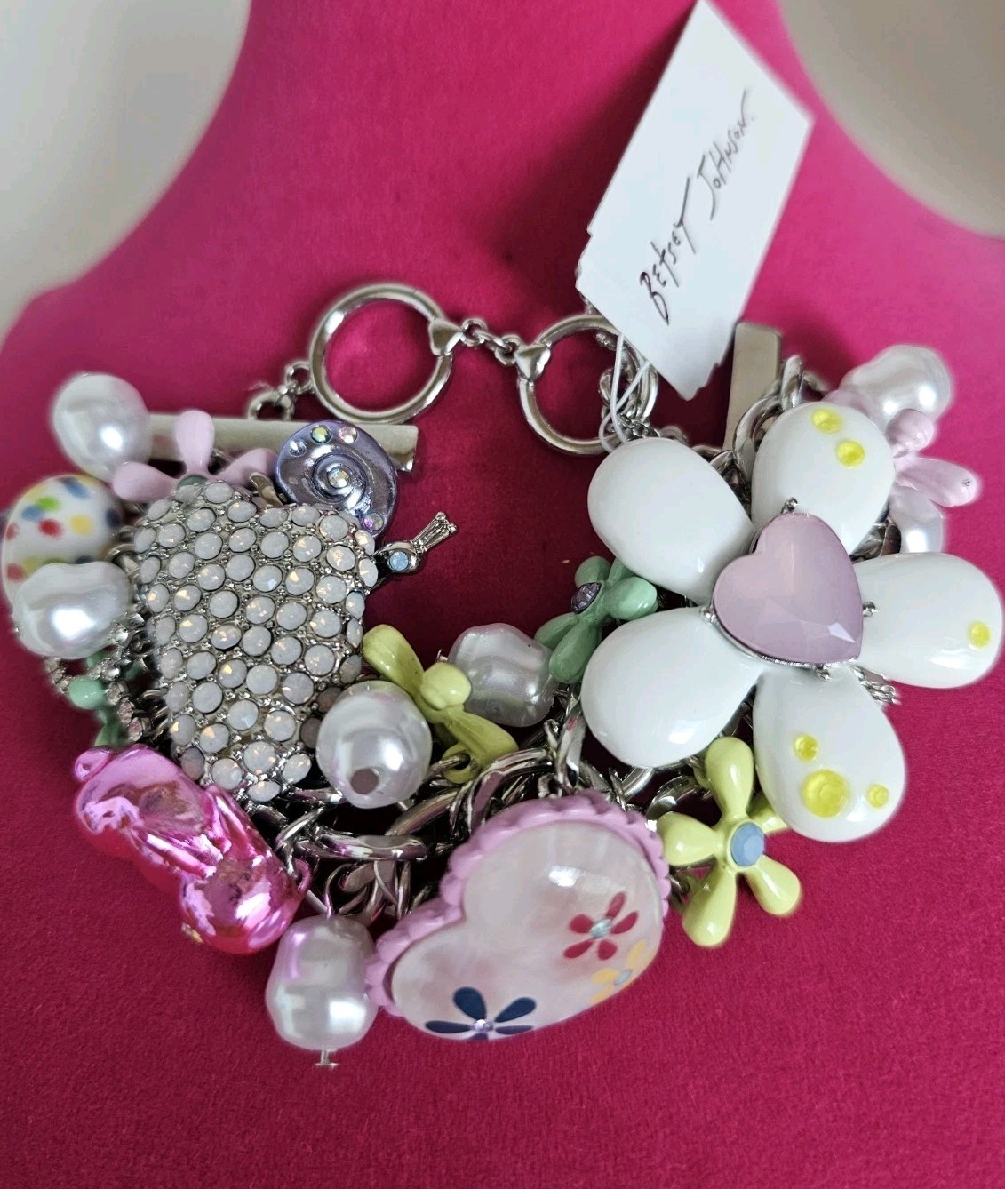BETSEY JOHNSON Easter Hop Spring Floral Pink Bunny Statement Bracelet NWT $148